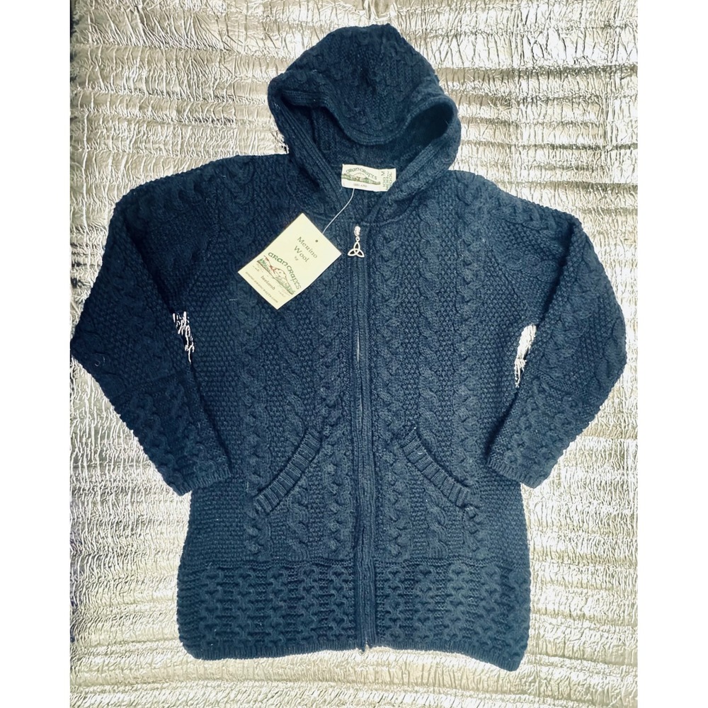 Aran Crafts Ireland Merino Wool Cable Knit Hooded Zip Cardigan Navy Blue Medium - Picture 5 of 7